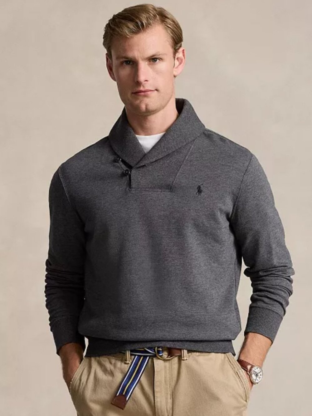 Polo Ralph Lauren Men's Luxury Jersey Shawl-Collar Pullover 2XB Gray Black Pony